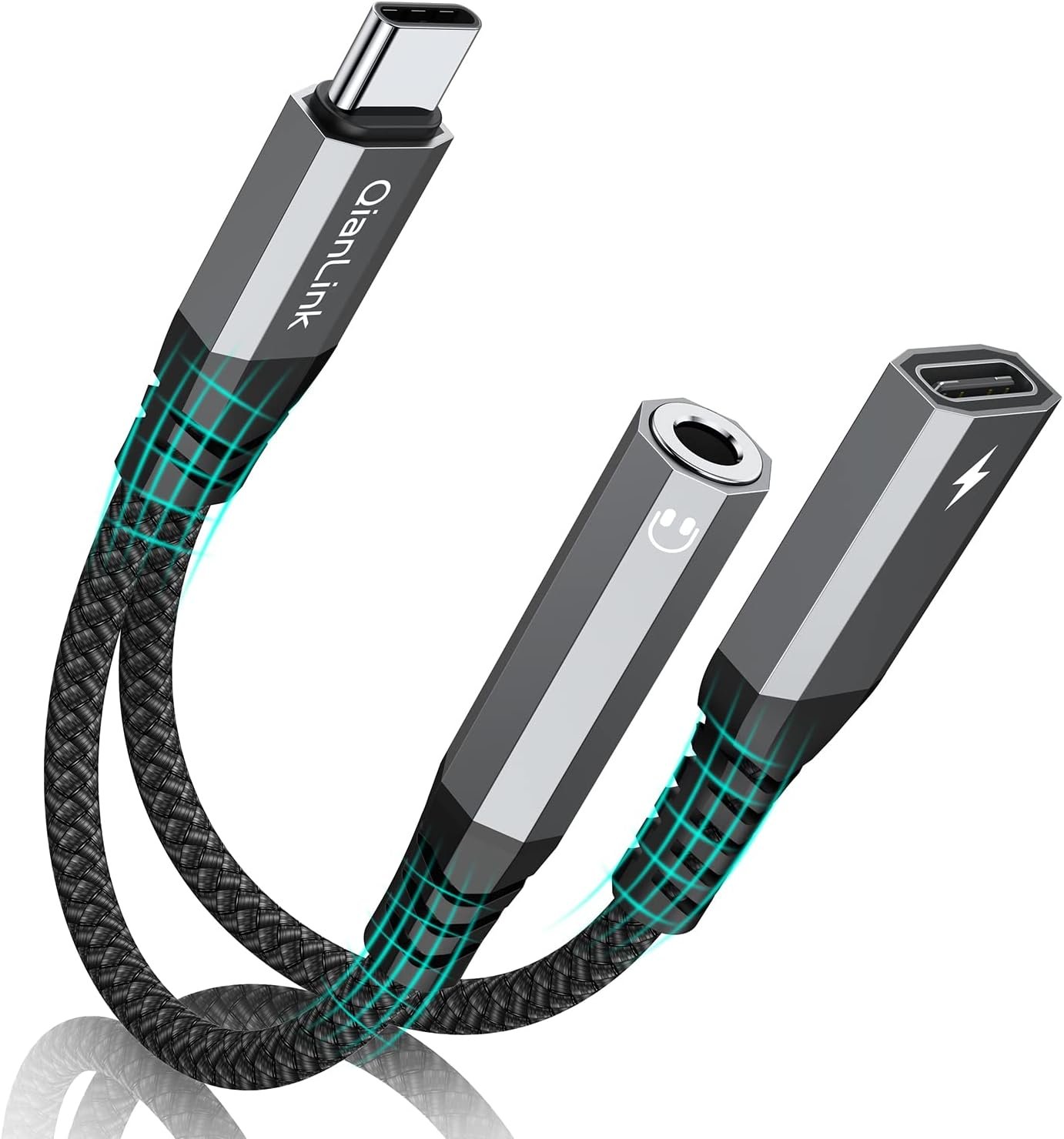Small 2-in-1 adapter with a USB-C plug, a 3.5mm aux jack and a USB-C PD charging port.