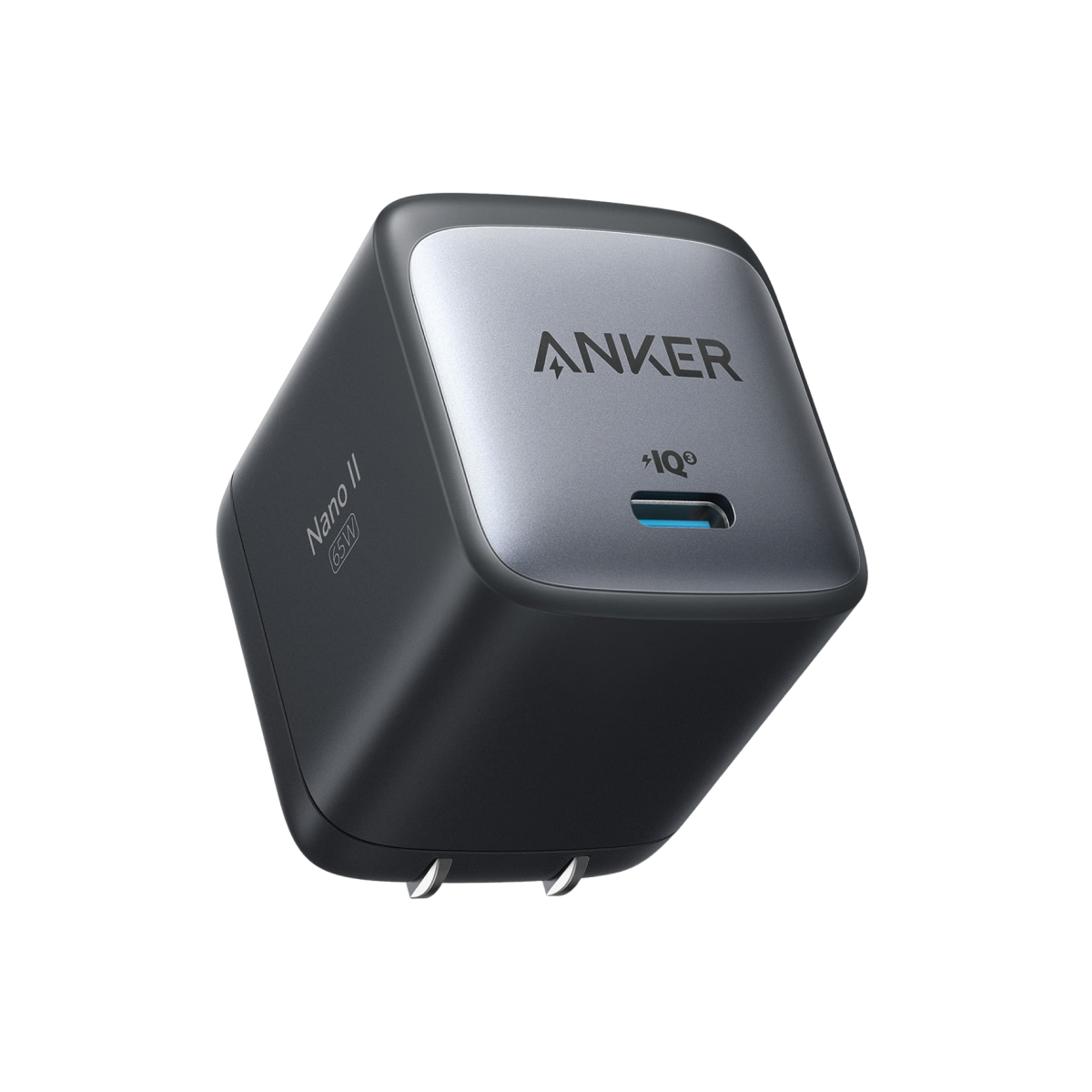 Black Anker Nano II 65W USB-C charger with a folding two-prong plug.