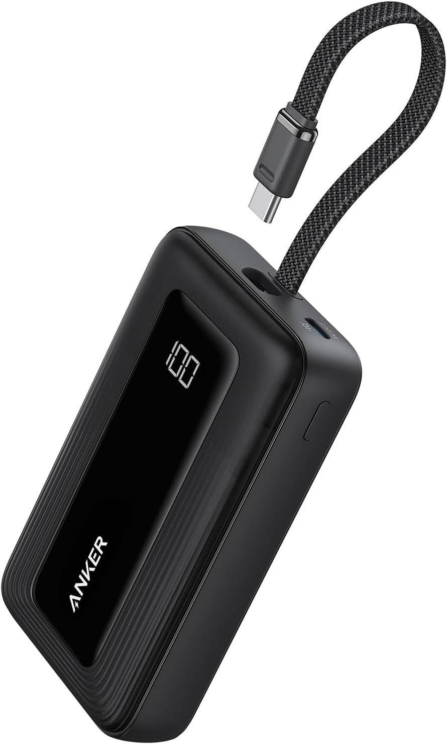 Compact Anker 10,000mAh power bank with a built-in USB-C cable that loops into a slot on the side.