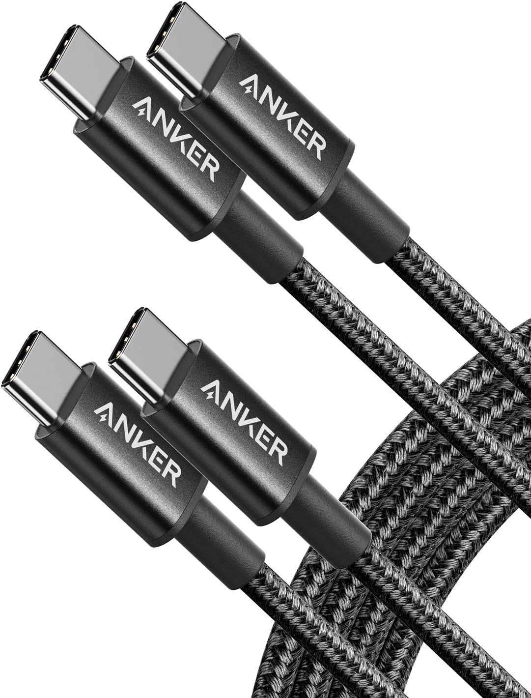 Two 6-foot black braided-nylon Anker USB-C to USB-C cables coiled with a hook-and-loop tie.
