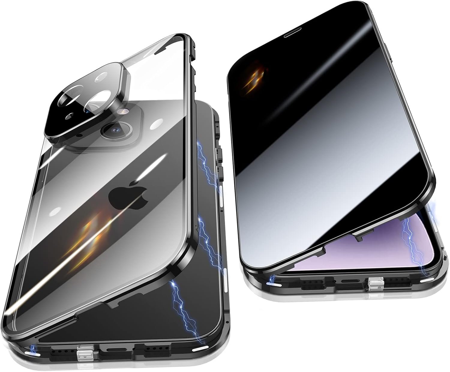 Black metal-bumper case fully enclosing an iPhone 14 in front and back tempered glass, with a privacy anti-spy screen.