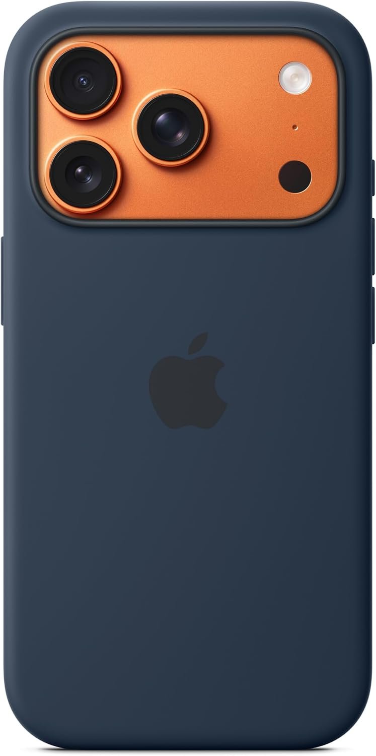Apple iPhone 17 Pro Silicone Case in Midnight fitted on an iPhone 17 Pro, showing the Camera Control cutout and soft-touch finish.