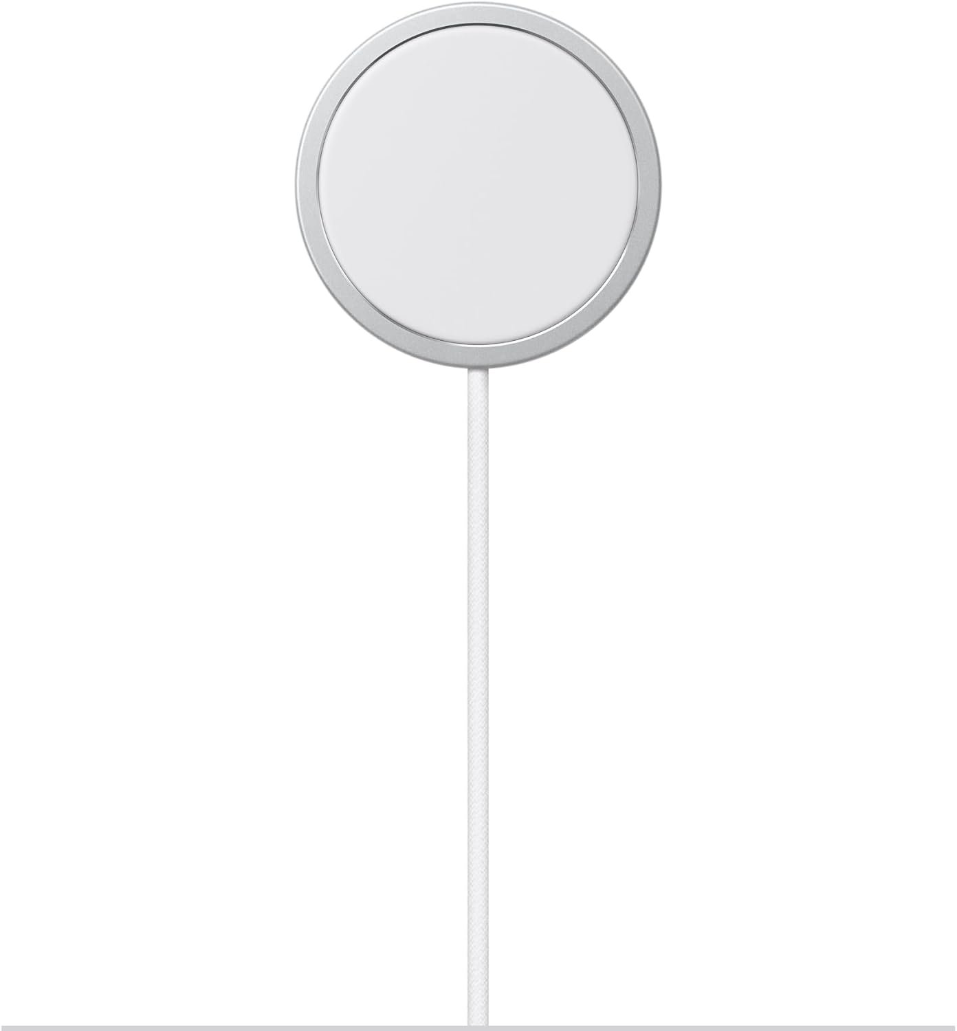 Apple MagSafe Charger puck with a long white 2-metre USB-C cable, coiled on a white surface.