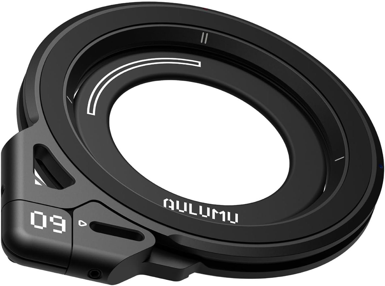 Black anodised-aluminium Aulumu G09 magnetic ring grip on the back of a phone, with a swing-out handle ring and a ball-joint stand.