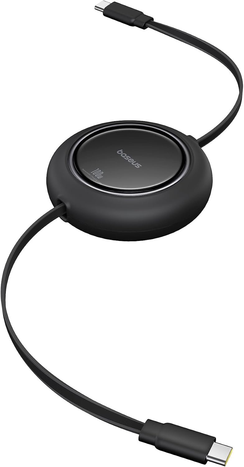 Baseus retractable USB-C cable with a round spool housing in the middle and USB-C connectors at each end.