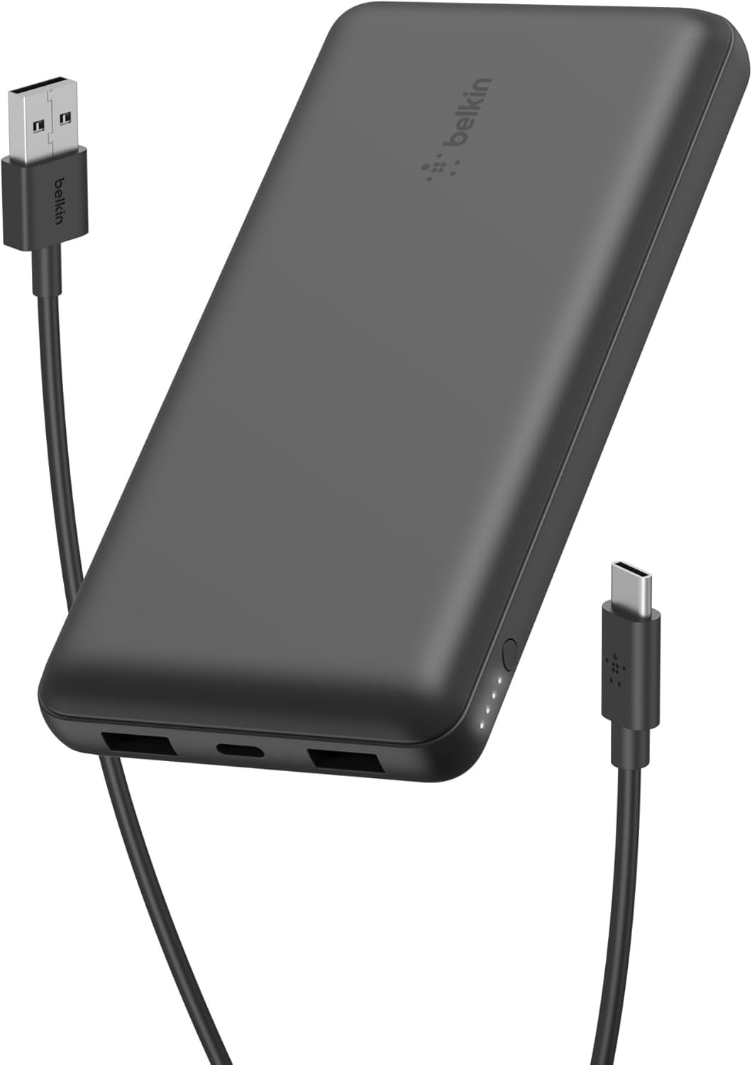 Black Belkin BoostCharge 20,000mAh power bank with one USB-C and two USB-A ports along the top edge.