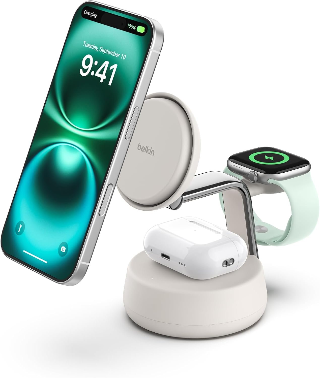 Belkin 3-in-1 foldable charging station holding an iPhone on a magnetic stand, with an Apple Watch puck and an AirPods pad.