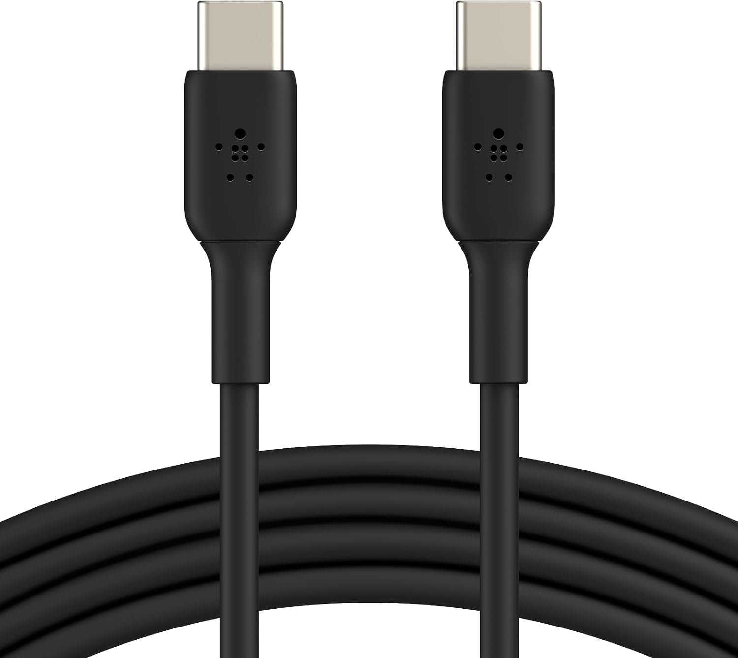 A short white Belkin USB-C to USB-C cable coiled next to a phone.
