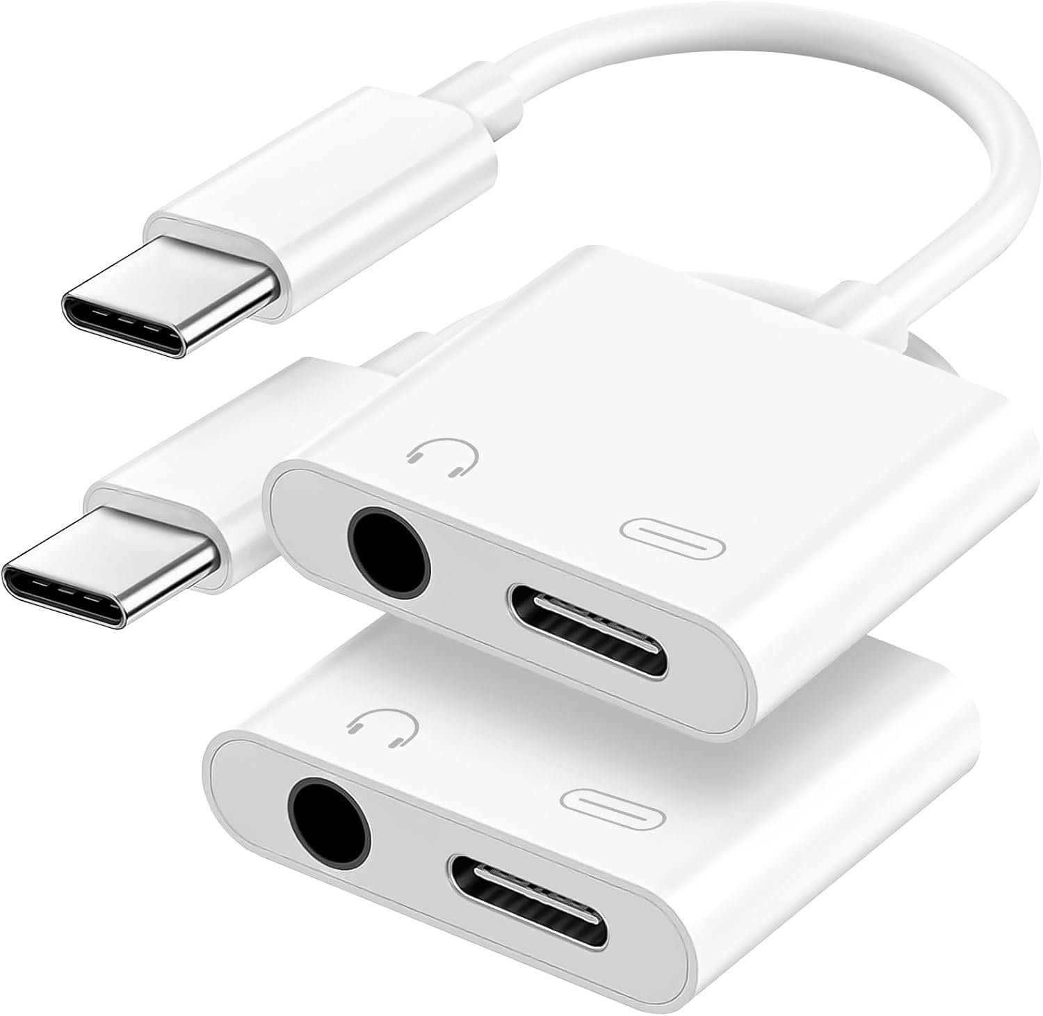 A small T-shaped adapter with a USB-C plug, a 3.5mm headphone jack and a USB-C charging port.