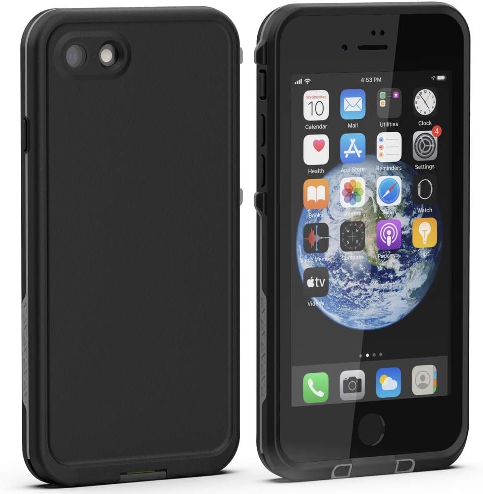 Black Diverbox full-body waterproof case sealing a 4.7-inch iPhone SE, with a built-in screen protector and a hinged charging-port flap.