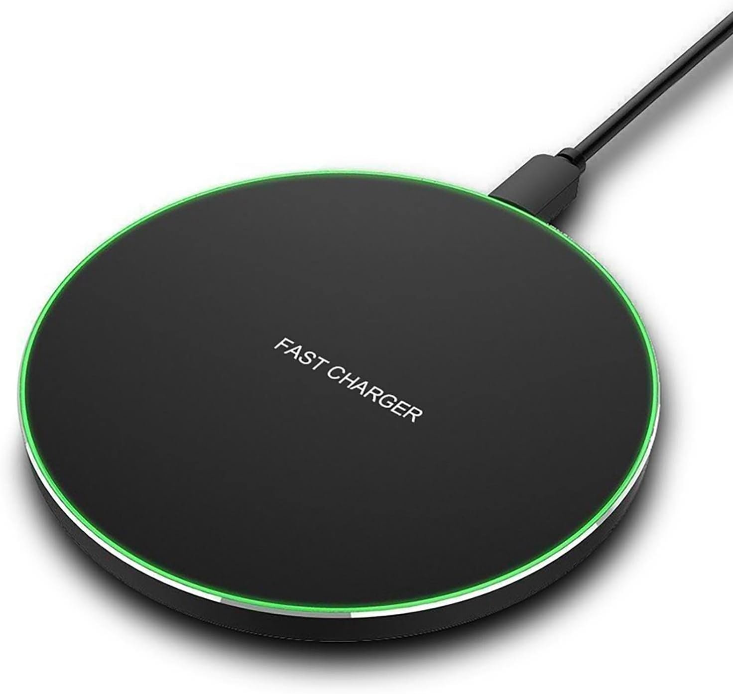 A thin black circular wireless charging pad with a short USB cable and a small status LED.