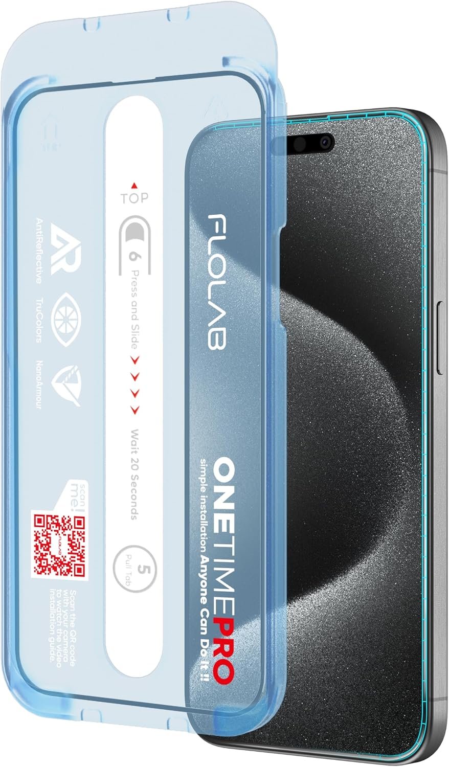 FLOLAB NanoArmour anti-reflective tempered-glass screen protector with a matte finish on an iPhone 15 Pro Max.