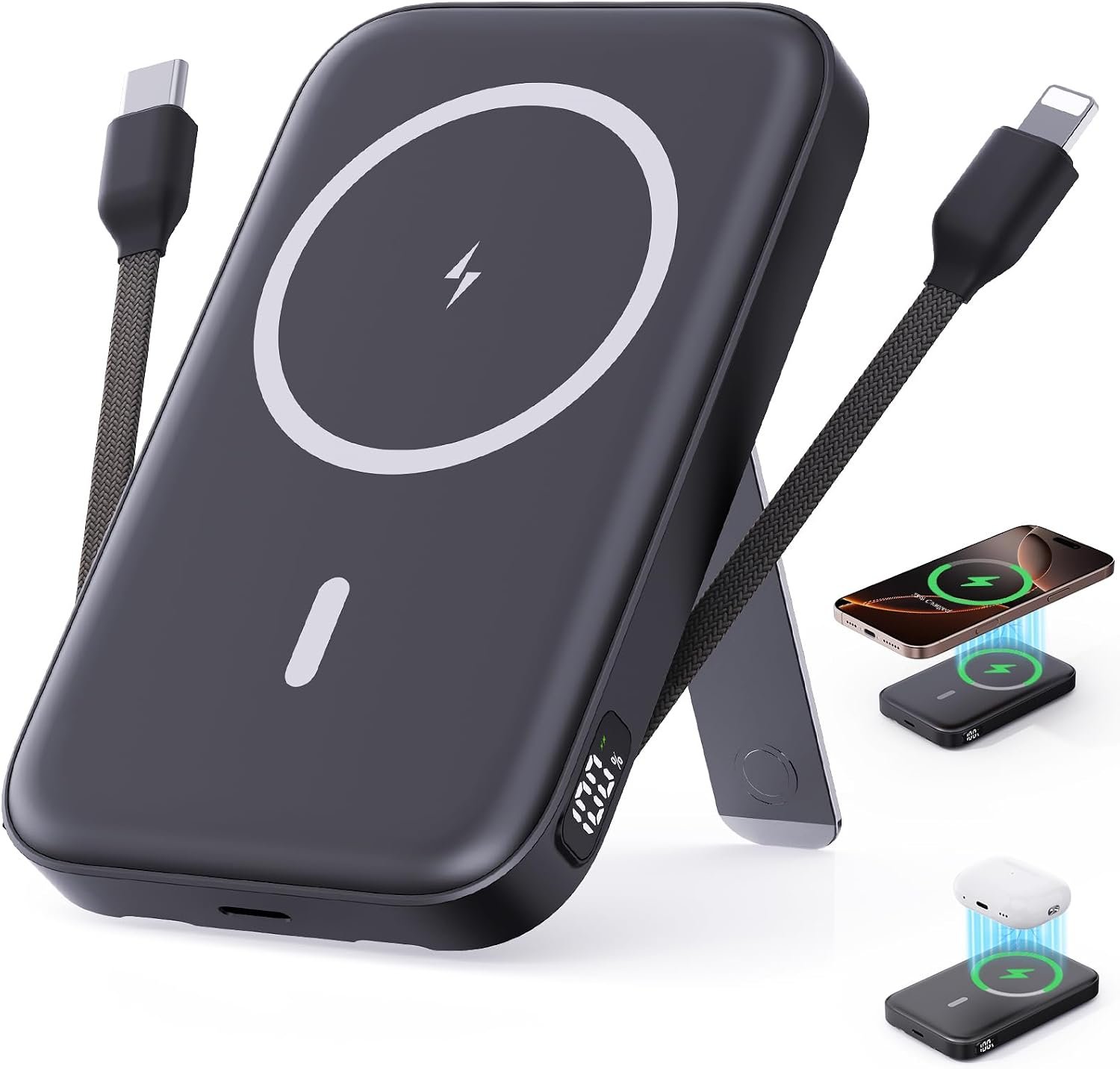 16800mAh magnetic power bank with a wireless charging face and two short built-in cables tucked into the body.