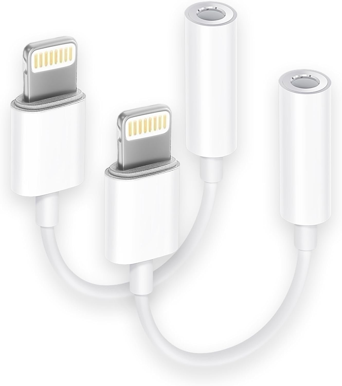 Two short white Lightning to 3.5mm headphone adapters side by side.