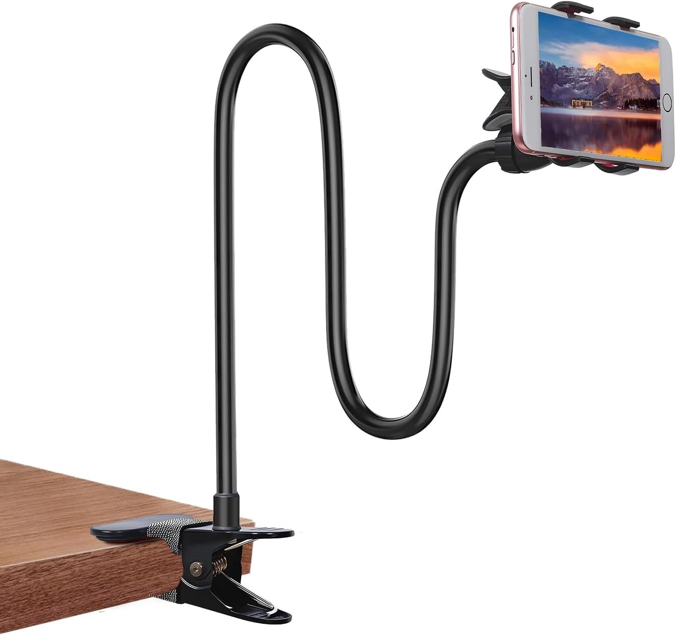 A generic flexible gooseneck phone holder with a clip base and a spring phone clamp.
