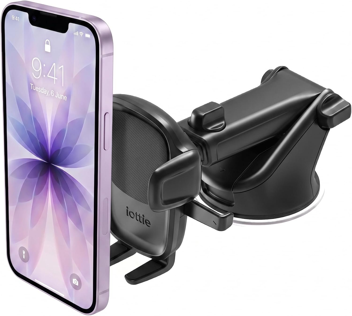 iOttie Easy One Touch Signature car mount with a suction base, telescopic arm and spring-loaded phone cradle.
