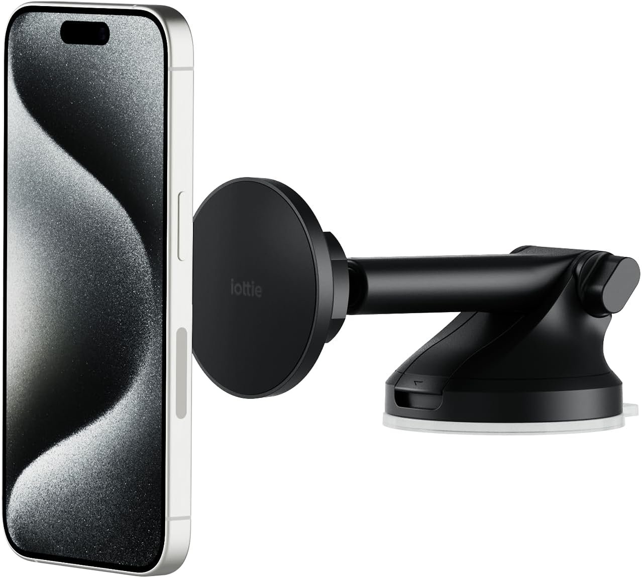 iOttie iTap 3 magnetic car mount with a flat magnetic head on a telescopic arm and a sticky-gel suction base on a dashboard.