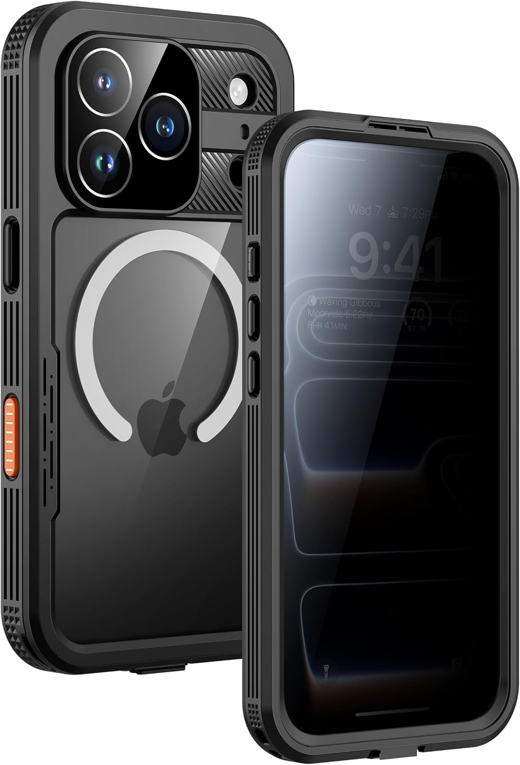 Black Lanhiem full-body waterproof case sealing an iPhone 17 Pro, with a built-in anti-spy privacy screen and camera protection.