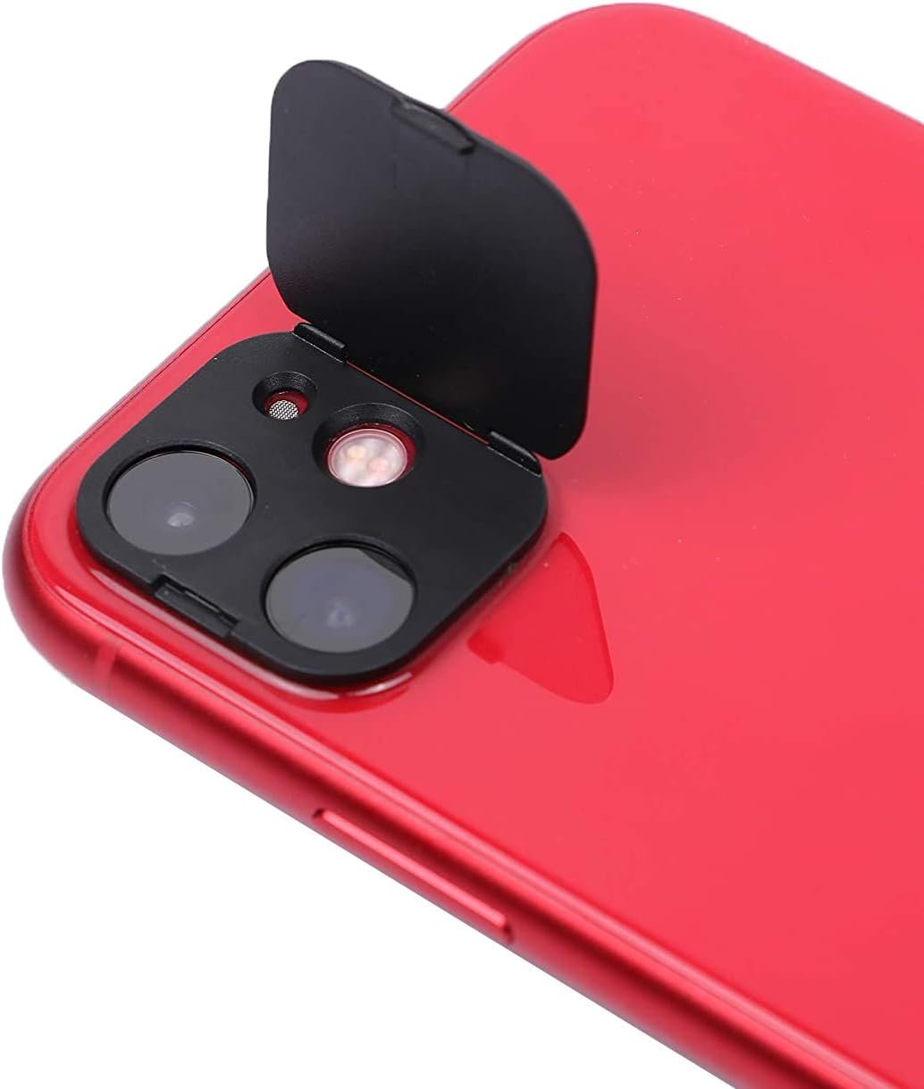 A thin adhesive plate over the iPhone 11 rear camera with a small sliding shutter that physically blocks the lenses.