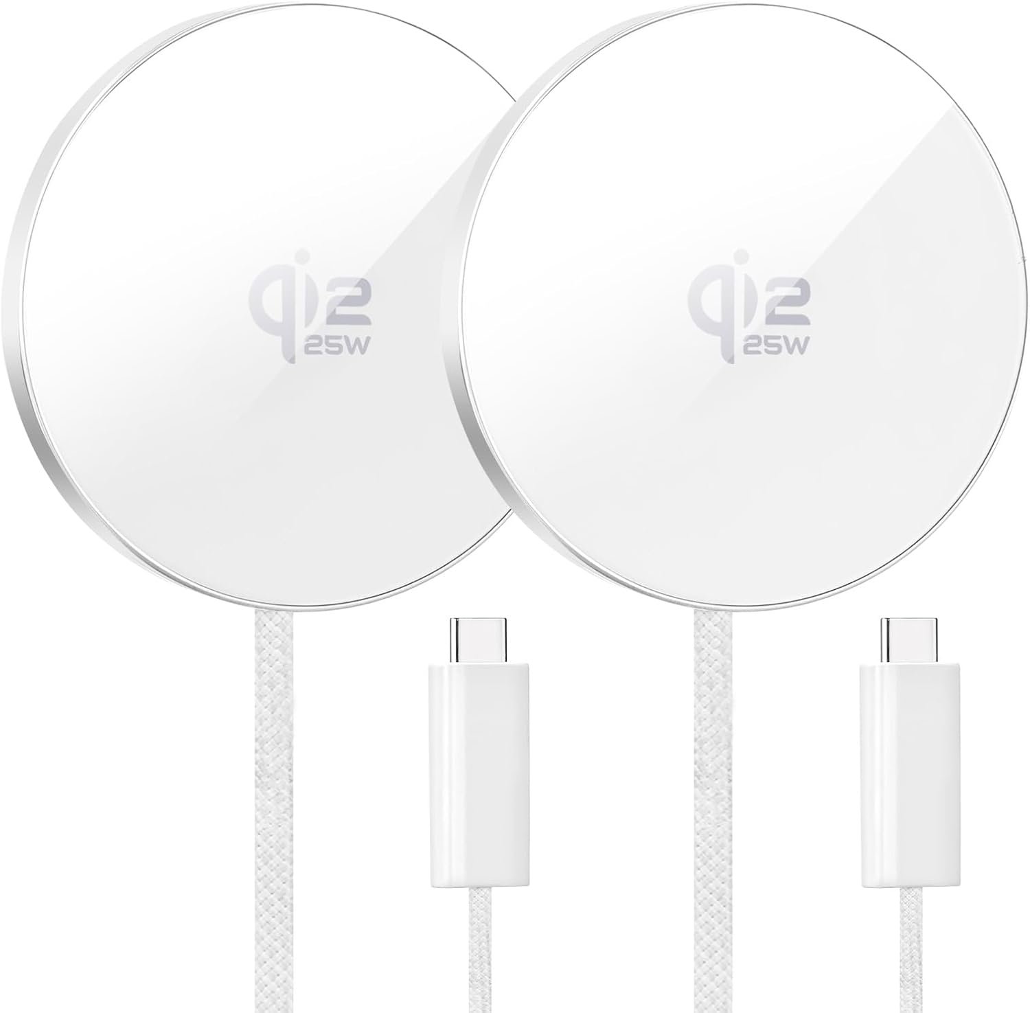 Two white circular magnetic wireless charging pucks, each on a braided USB-C cable.