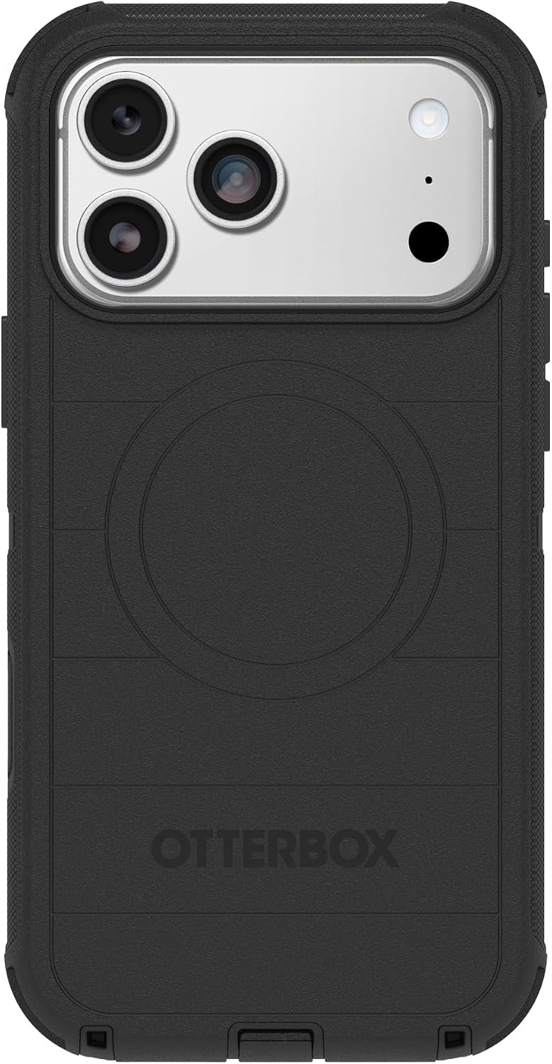 Black OtterBox Defender Pro case on an iPhone 17 Pro Max, showing the port cover, textured grip and reinforced corners.