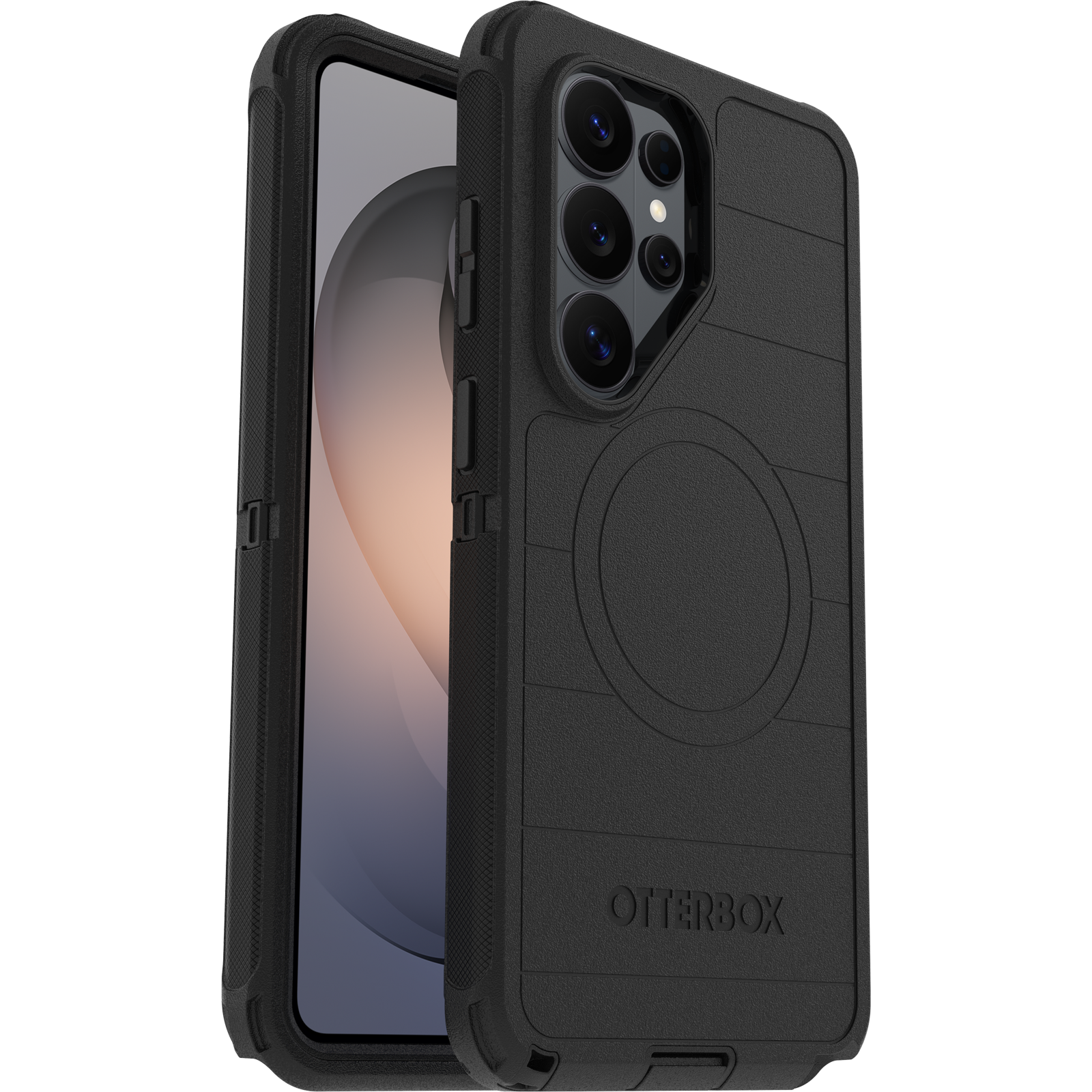 Black OtterBox Defender Pro case on a Samsung Galaxy S26 Ultra, showing the multi-layer bumper, covered ports and textured back.