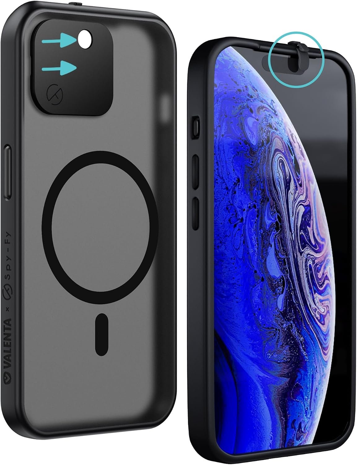 Smokey-black Valenta Spy-Fy privacy case on an iPhone 15, with sliding covers over the front and rear cameras.