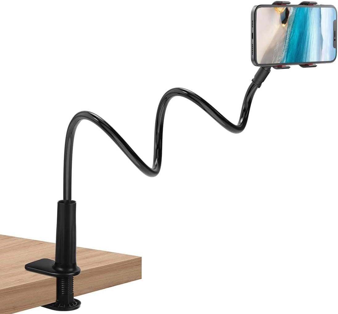 Selfdee gooseneck phone holder with a flexible arm and a spring phone clip, clamped to a bedside table.