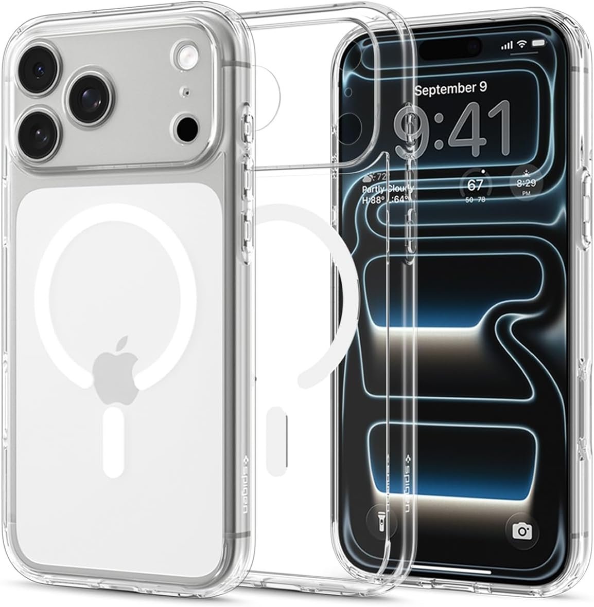 Clear Spigen Ultra Hybrid MagFit case on an iPhone 17 Pro Max, showing the rigid clear back and TPU bumper with a MagSafe ring.