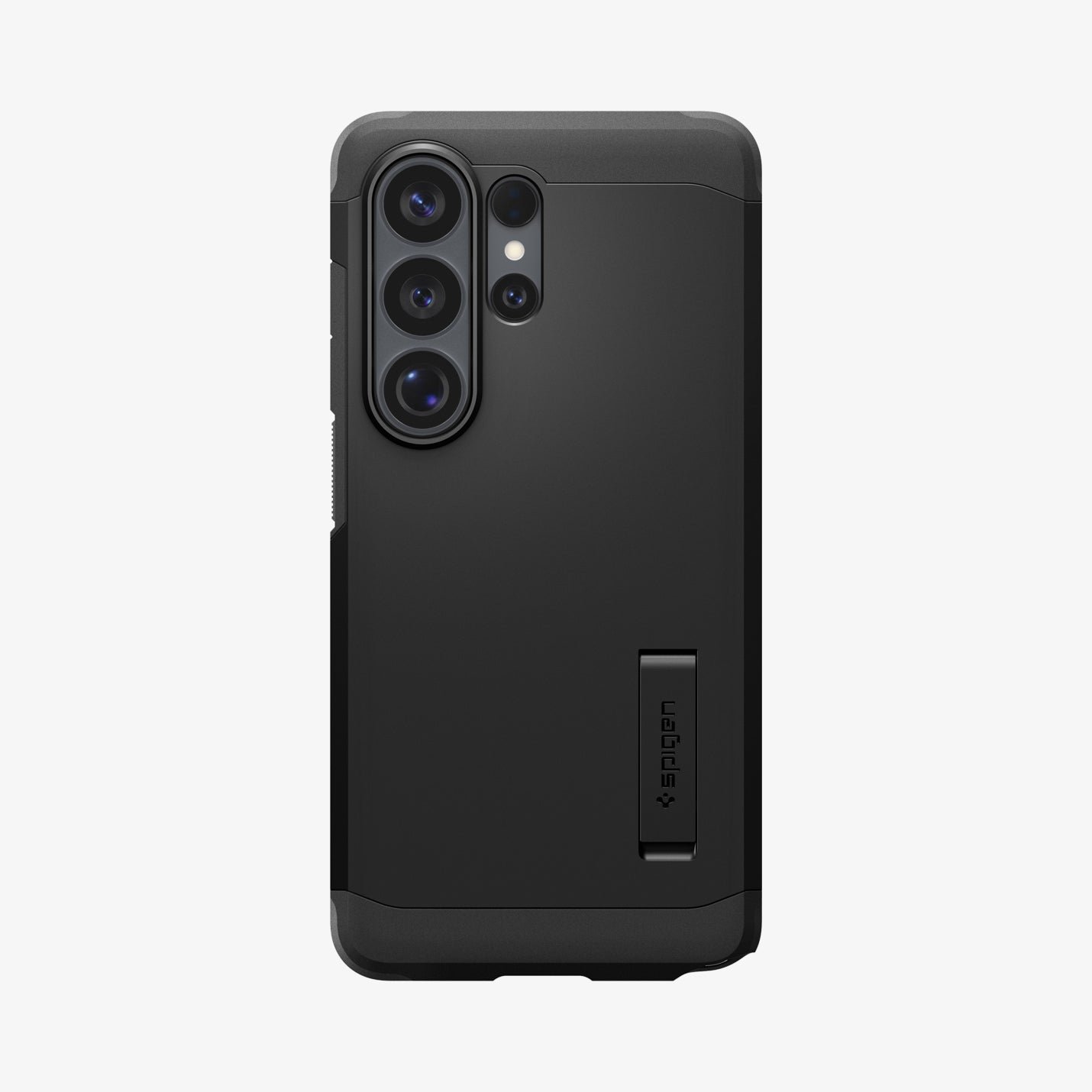 Black Spigen Tough Armor MagFit case on a Samsung Galaxy S26 Ultra, with the flush-folding kickstand extended.