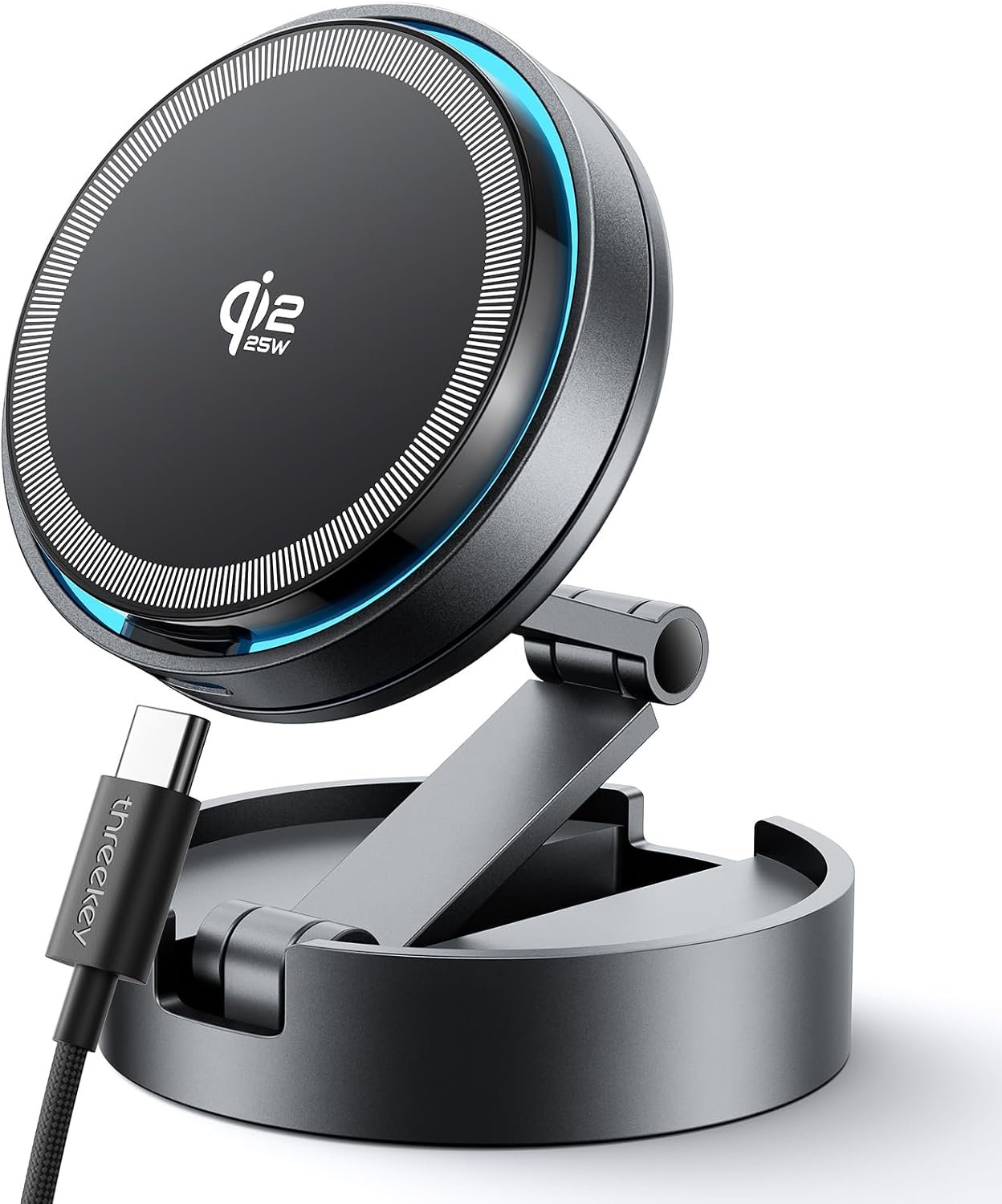 A magnetic wireless car charging mount clipped to a car air vent, holding a phone, with a cooling fan vent visible on the back.