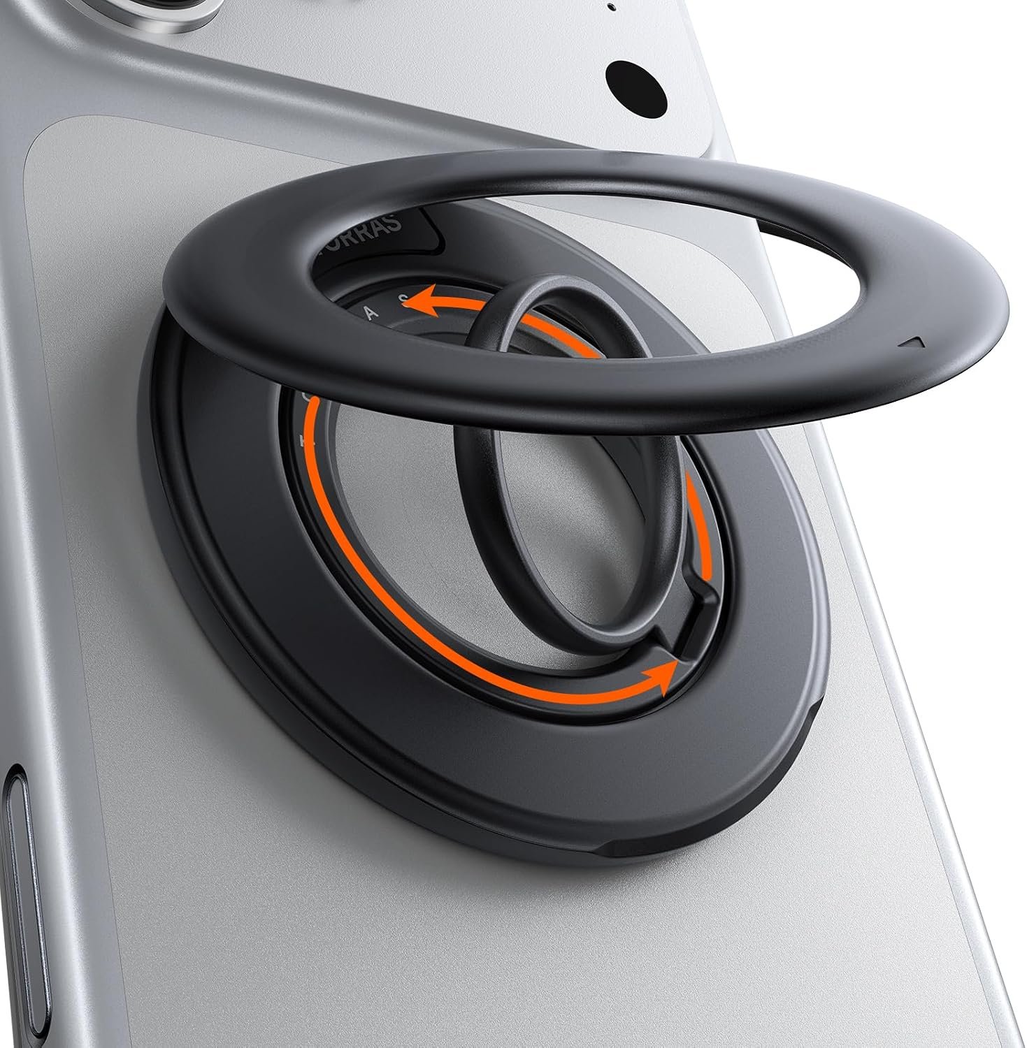 TORRAS 360 magnetic grip ring stuck to the back of an iPhone, with the ring flipped out as a finger loop and kickstand.