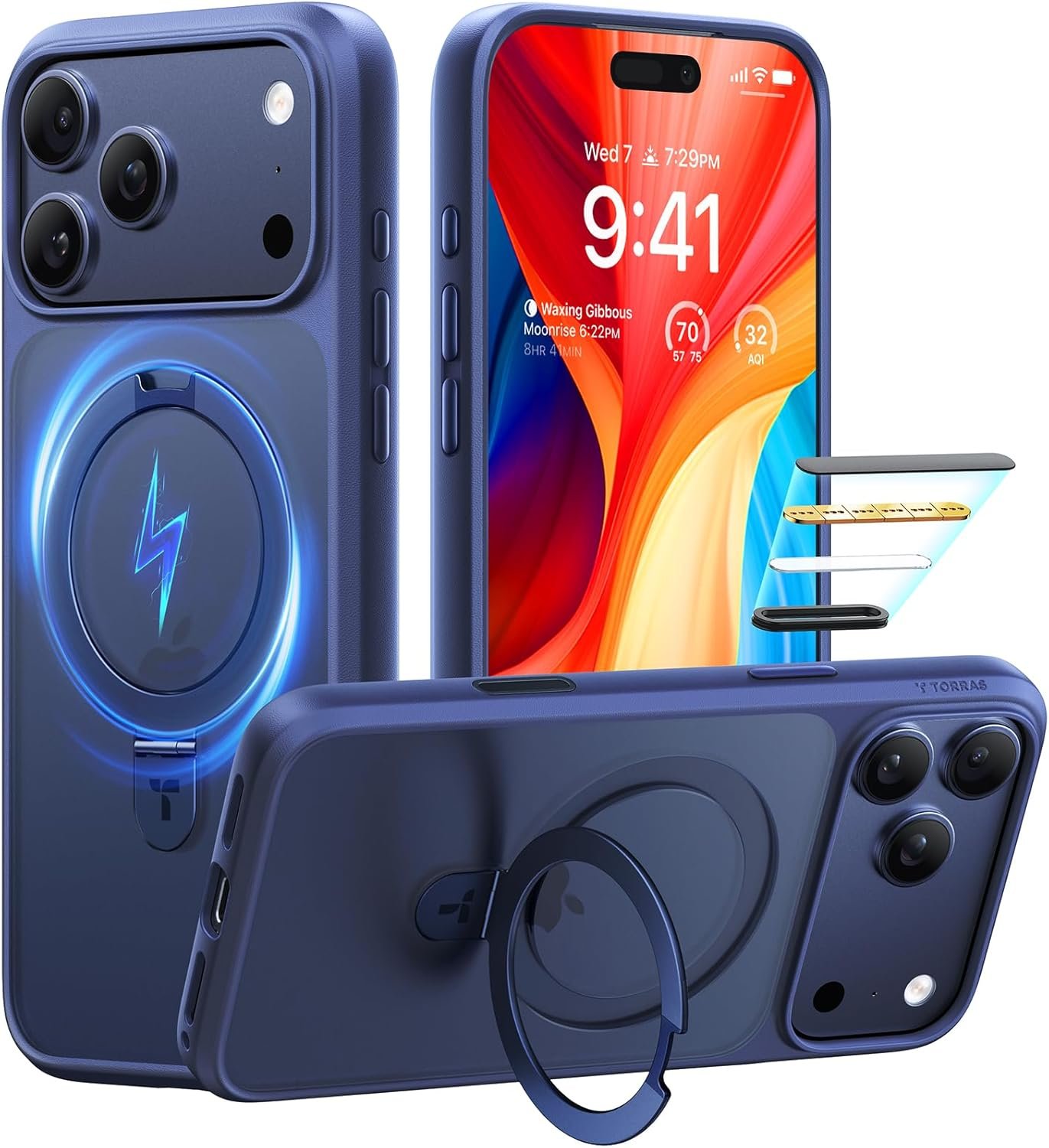 Deep-blue TORRAS Ostand case on an iPhone 17 Pro with the built-in ring kickstand flipped out to prop the phone up.
