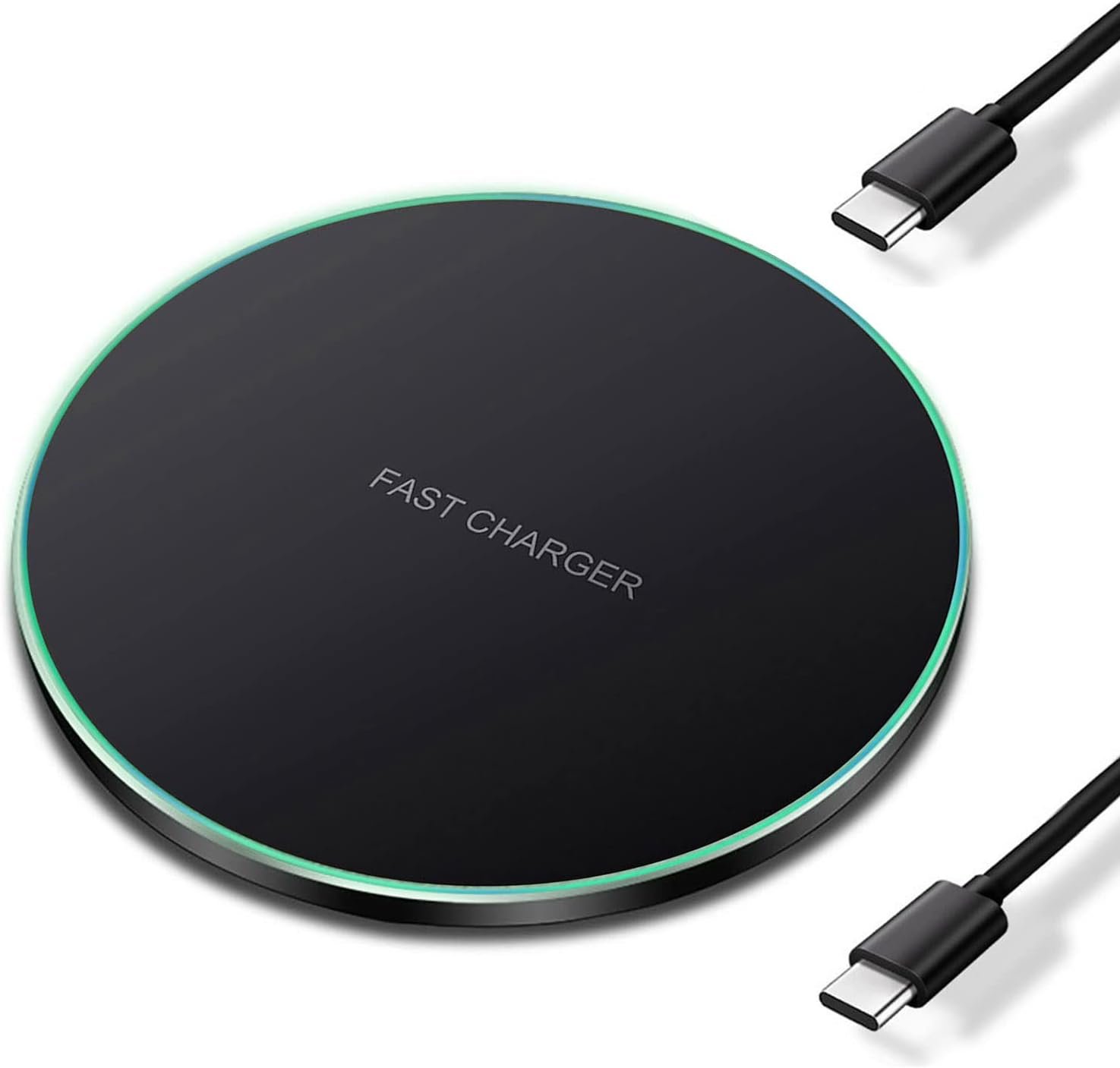 Thin round black wireless charging pad with a USB-C port on the edge and a small LED indicator.