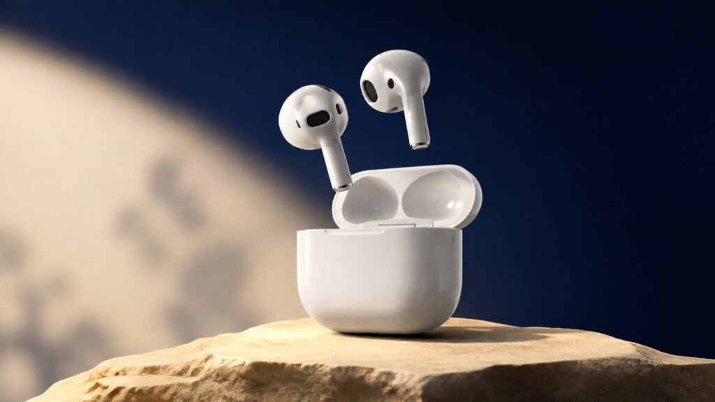 Tiny Tech Box concept of white open-fit earbuds and an open charging case