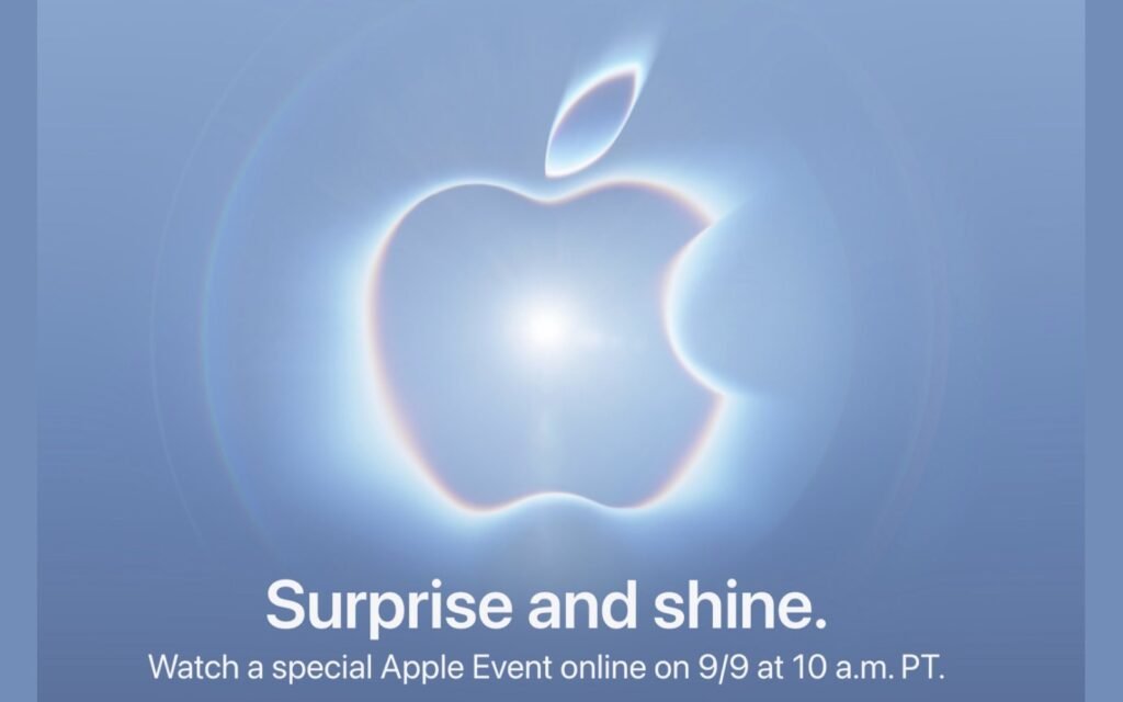 Apple event artwork: glowing Apple logo with “Surprise and shine” and the September 9 event details