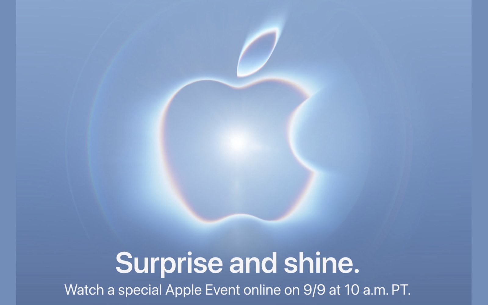 Apple event artwork: glowing Apple logo with “Surprise and shine” and the September 9 event details