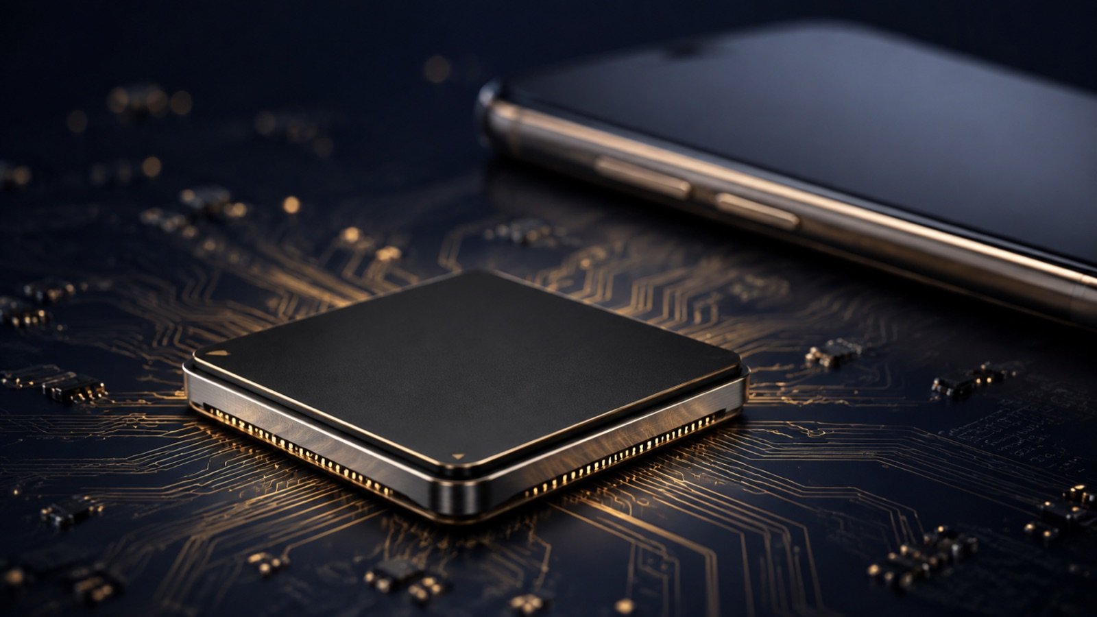 Tiny Tech Box conceptual mobile processor on a navy circuit board