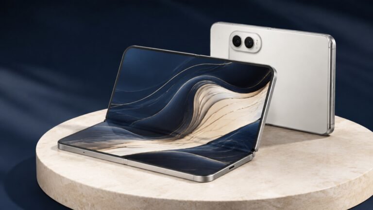 Tiny Tech Box concept of a silver folding phone with navy and sand screen artwork