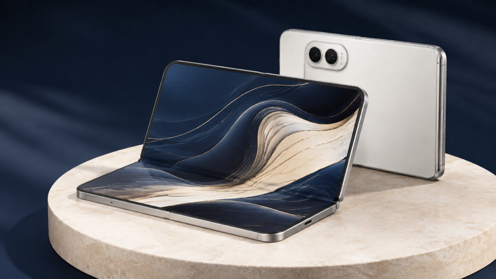 Tiny Tech Box concept of a silver folding phone with navy and sand screen artwork