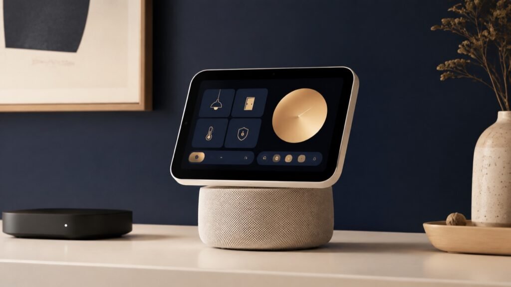 Tiny Tech Box concept of a screen-equipped home hub and streaming box