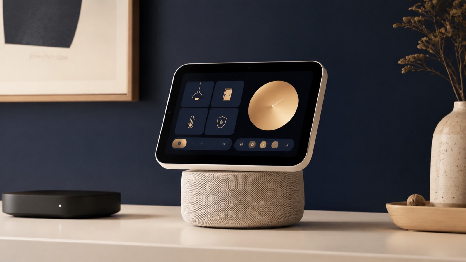 Tiny Tech Box concept of a screen-equipped home hub and streaming box