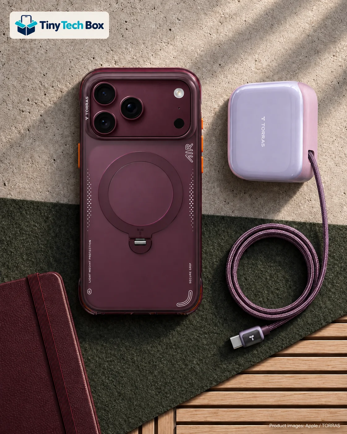 Burgundy iPhone 18 Pro Max in a Cosmic Purple TORRAS Q3 Air case beside a lavender TORRAS FlexLine Pro charger with a purple braided cable, on olive felt and concrete