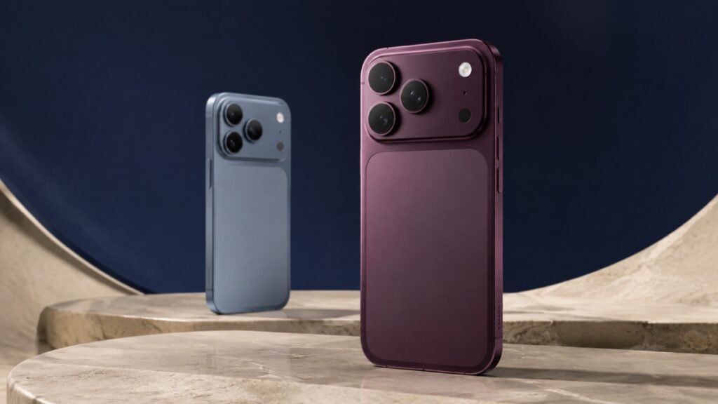 Tiny Tech Box concept of dark cherry and light blue premium phones on stone plinths