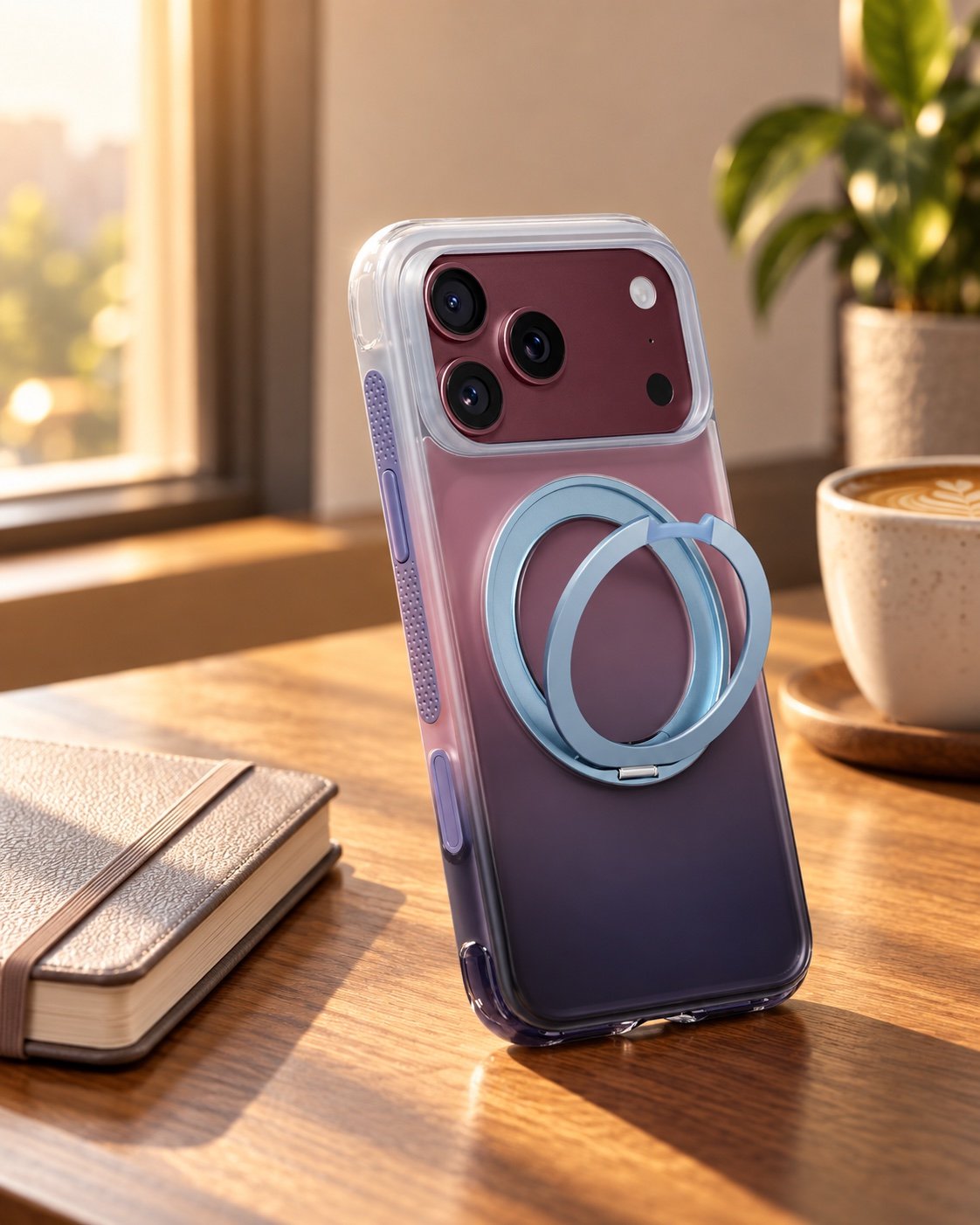 TORRAS O3 Air Gradient in Burgundy Purple Haze standing on a wooden desk on its 360-degree ring stand, beside a notebook and a coffee