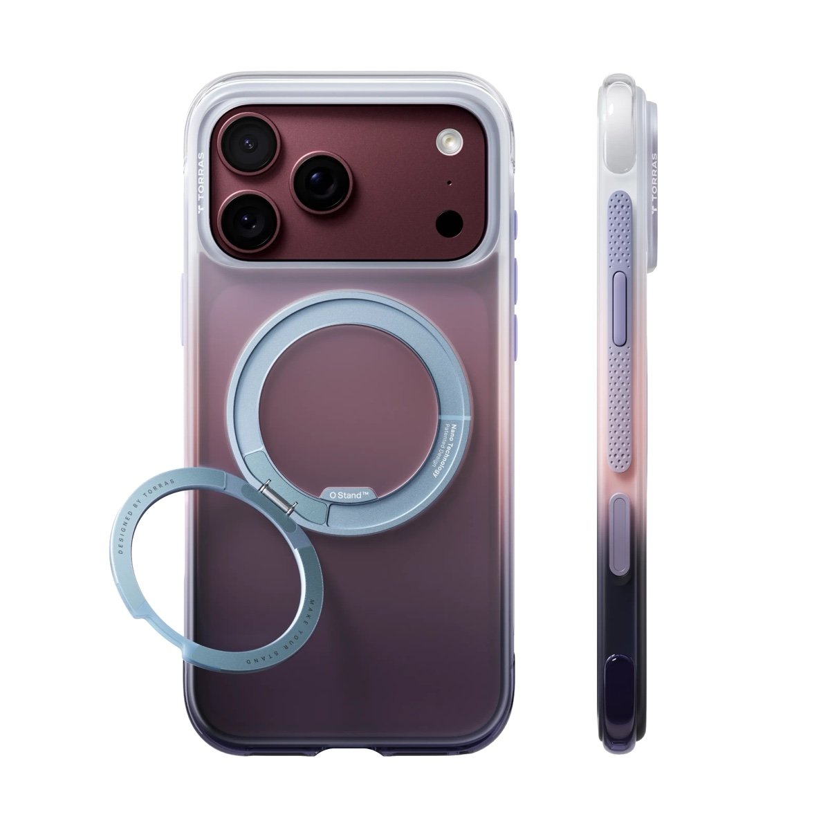 TORRAS O3 Air Gradient case in Burgundy Purple Haze on an iPhone 18 Pro Max, fading from frosted white at the camera to deep plum, with the blue-grey 360-degree O-ring stand shown folded and flipped out, plus a side view of the textured grip and buttons.