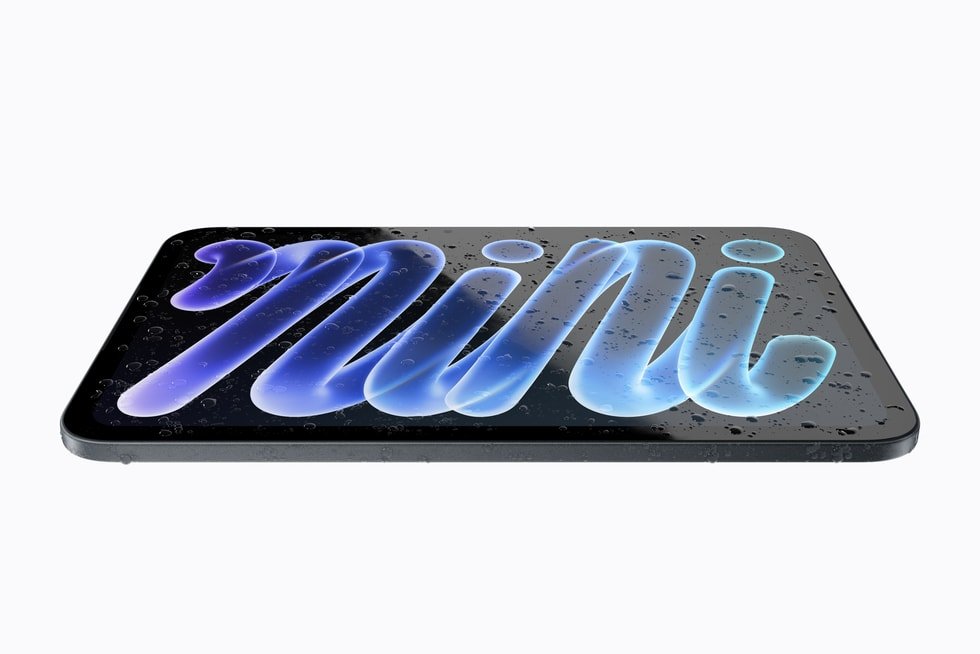 iPad mini with water splashing on it, showing IP67 water resistance